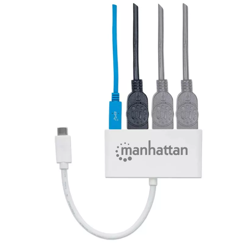 Koncentrator/stacja dokująca Manhattan USB-C, porty (x4): USB-A (x3) i USB-C, 5 Gb/s (USB 3.2 Gen1 znany jako USB 3.0), z funkcją Power Delivery (60 W) do portu USB-C (uwaga: wymagana dodatkowa ładowarka ścienna USB-C i kabel USB-C), uniwersalny dla wszystkich urządzeń, SuperSpeed USB, 3 lata gwarancji