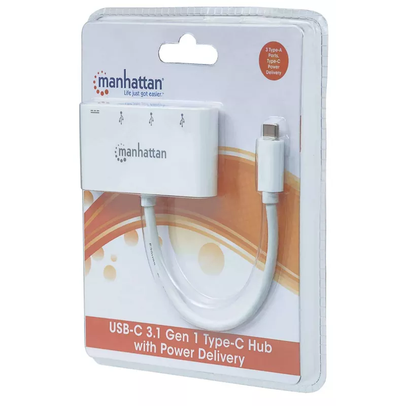 Koncentrator/stacja dokująca Manhattan USB-C, porty (x4): USB-A (x3) i USB-C, 5 Gb/s (USB 3.2 Gen1 znany jako USB 3.0), z funkcją Power Delivery (60 W) do portu USB-C (uwaga: wymagana dodatkowa ładowarka ścienna USB-C i kabel USB-C), uniwersalny dla wszystkich urządzeń, SuperSpeed USB, 3 lata gwarancji