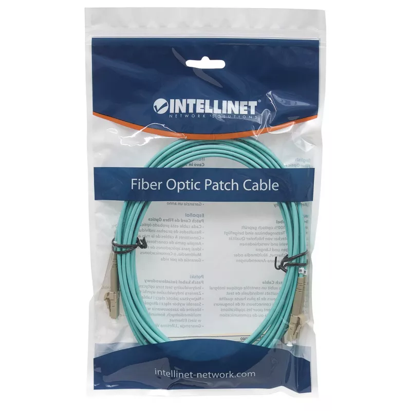 Kabel światłowodowy Intellinet, OM3, LC/LC, 10m, Aqua, Duplex, Wielomodowy, 50/125 µm, LSZH, Światłowód, Dożywotnia gwarancja, Woreczek foliowy