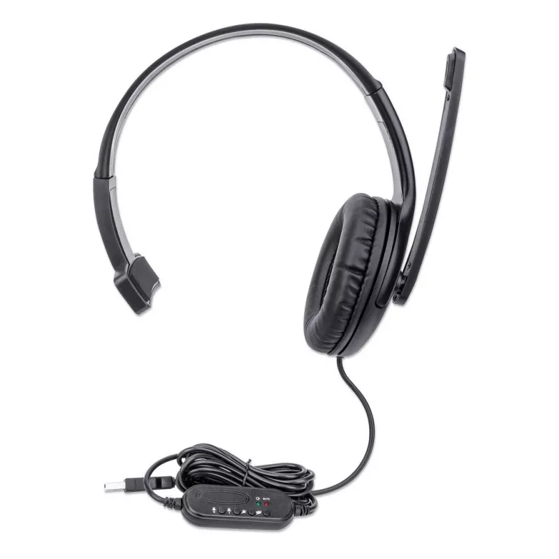 Manhattan Mono Over-Ear Headset (USB), Microphone Boom (padded), Retail Box Packaging, Adjustable Headband, In-Line Volume Control, Ear Cushion, USB-A for both sound and mic use, kabel 1.5m, Three Year Warranty