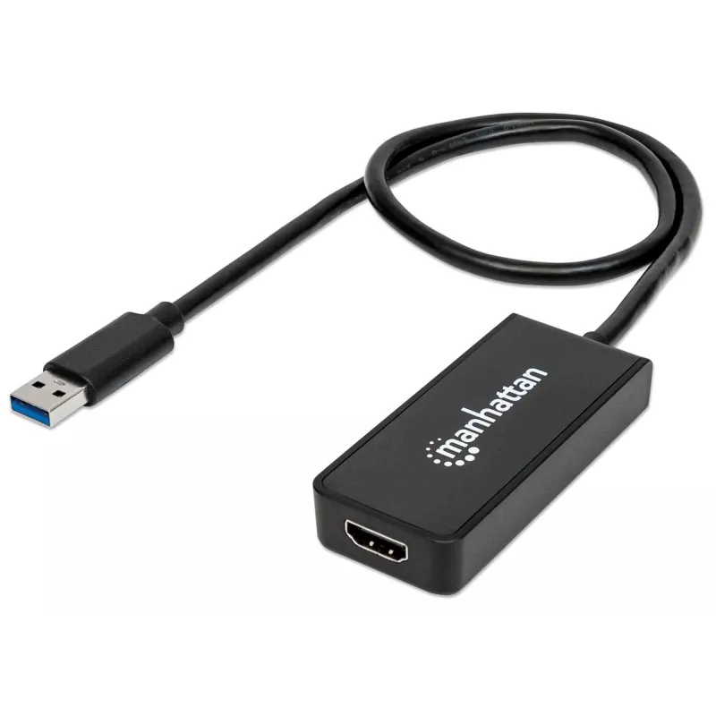 Manhattan USB-A do HDMI adapter kablowya, 60 cm, Męski na Żeński, 5 Gb/s (USB 3.2 Gen1 znany jako USB 3.0), 2560x1440 @ 32-bitowy kolor, Full HD wideo 1080p@16:9, Czarny, Blister
