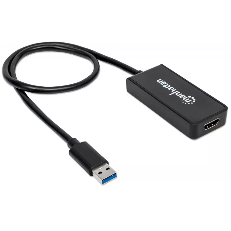 Manhattan USB-A do HDMI adapter kablowya, 60 cm, Męski na Żeński, 5 Gb/s (USB 3.2 Gen1 znany jako USB 3.0), 2560x1440 @ 32-bitowy kolor, Full HD wideo 1080p@16:9, Czarny, Blister