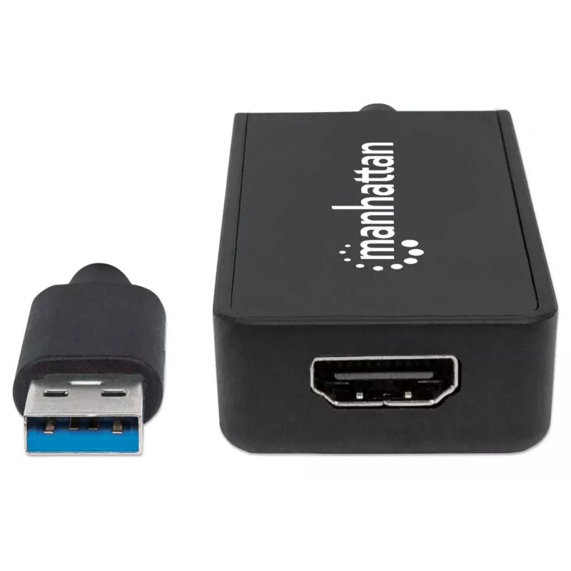 Manhattan USB-A do HDMI adapter kablowya, 60 cm, Męski na Żeński, 5 Gb/s (USB 3.2 Gen1 znany jako USB 3.0), 2560x1440 @ 32-bitowy kolor, Full HD wideo 1080p@16:9, Czarny, Blister
