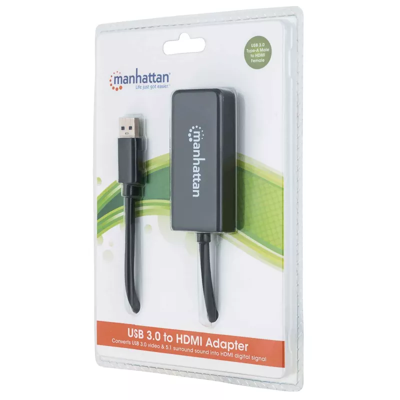 Manhattan USB-A do HDMI adapter kablowya, 60 cm, Męski na Żeński, 5 Gb/s (USB 3.2 Gen1 znany jako USB 3.0), 2560x1440 @ 32-bitowy kolor, Full HD wideo 1080p@16:9, Czarny, Blister