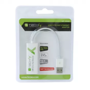 Techly USB 2.0 do Fast Ethernet 10/100 Mbps, konwerter, przewodowy, USB, Ethernet, 100 Mbit/s, biały