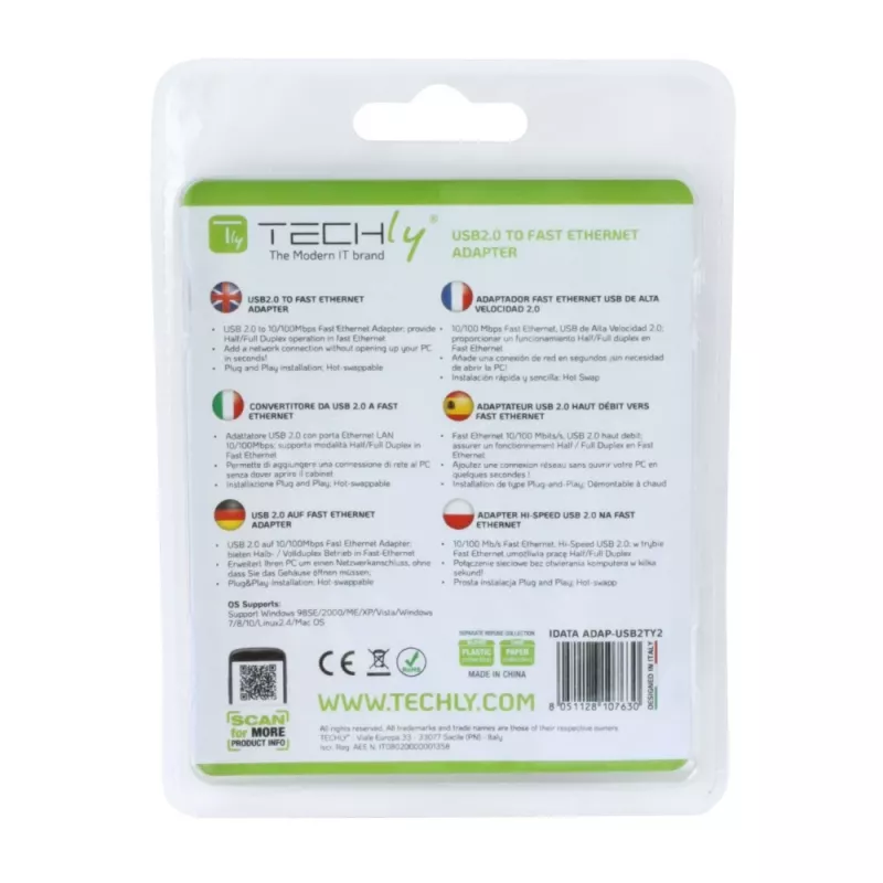 Techly USB 2.0 do Fast Ethernet 10/100 Mbps, konwerter, przewodowy, USB, Ethernet, 100 Mbit/s, biały