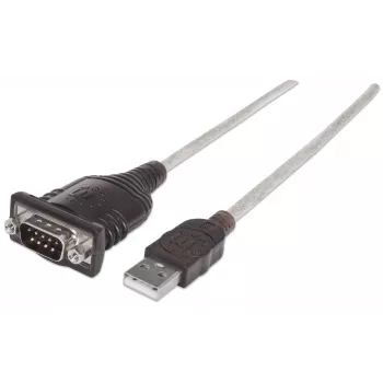 Manhattan USB-A do Serial Converter kabel, 45cm, Męski do Męskiego, Serial/RS232/COM/DB9, Prolific PL-2303HXD Chip, Czarny/Srebrny kabel, Trzyletnia Gwarancja