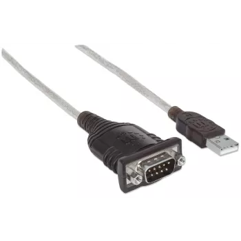 Manhattan USB-A do Serial Converter kabel, 45cm, Męski do Męskiego, Serial/RS232/COM/DB9, Prolific PL-2303HXD Chip, Czarny/Srebrny kabel, Trzyletnia Gwarancja