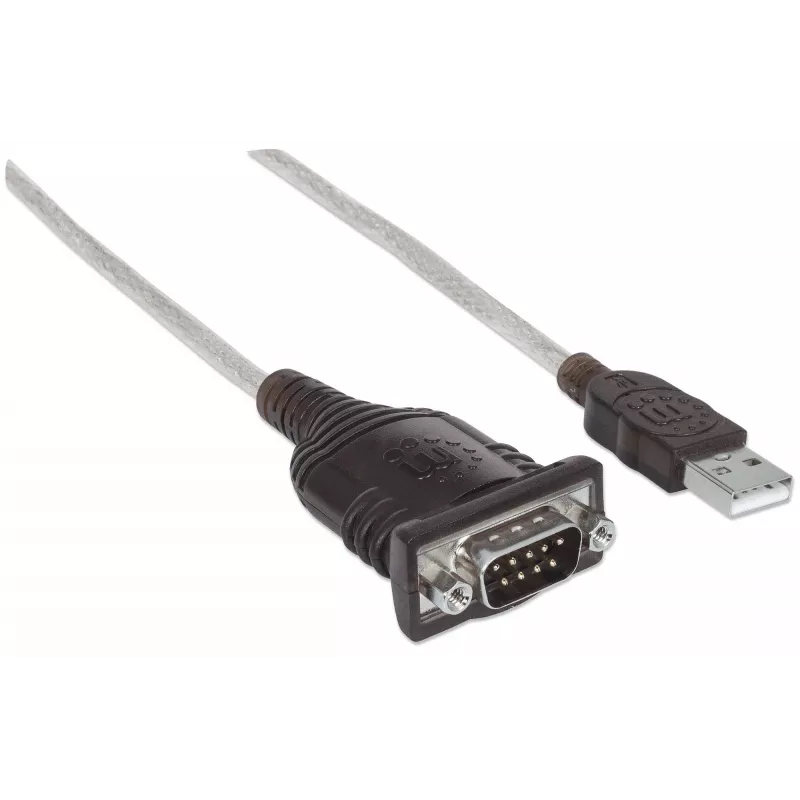 Manhattan USB-A do Serial Converter kabel, 45cm, Męski do Męskiego, Serial/RS232/COM/DB9, Prolific PL-2303HXD Chip, Czarny/Srebrny kabel, Trzyletnia Gwarancja