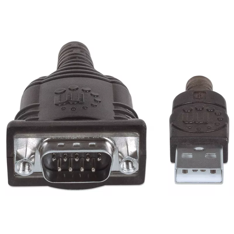 Manhattan USB-A do Serial Converter kabel, 45cm, Męski do Męskiego, Serial/RS232/COM/DB9, Prolific PL-2303HXD Chip, Czarny/Srebrny kabel, Trzyletnia Gwarancja