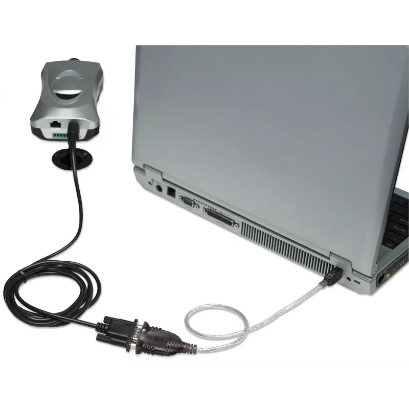 Manhattan USB-A do Serial Converter kabel, 45cm, Męski do Męskiego, Serial/RS232/COM/DB9, Prolific PL-2303HXD Chip, Czarny/Srebrny kabel, Trzyletnia Gwarancja