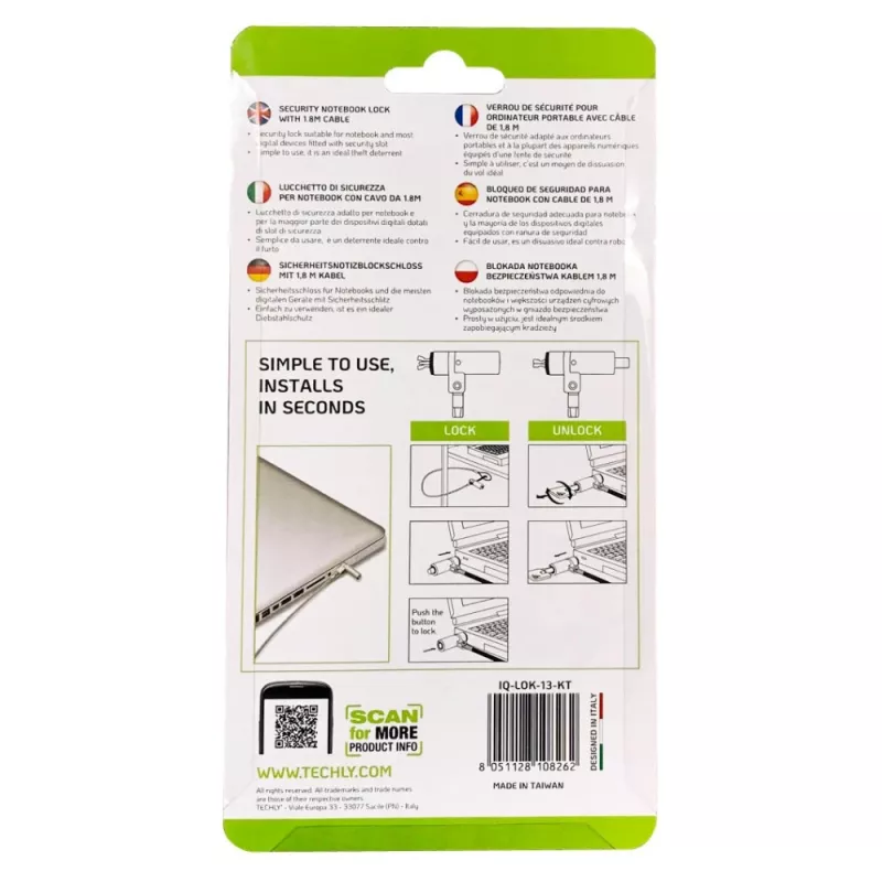 Techly Wedge-Lock system zabezpieczający linka do notebooka 1,8 m
