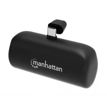 Manhattan Powerbank ze zintegrowaną wtyczką USB-C, 5000 mAh, Moc wyjściowa do 20 W, Podpórka umożliwiająca korzystanie jako uchwyt do ładowania telefonu, Czarny, Roczna gwarancja