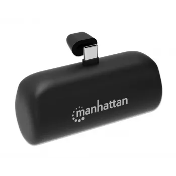 Manhattan Powerbank ze zintegrowaną wtyczką USB-C, 5000 mAh, Moc wyjściowa do 20 W, Podpórka umożliwiająca korzystanie jako uchwyt do ładowania telefonu, Czarny, Roczna gwarancja