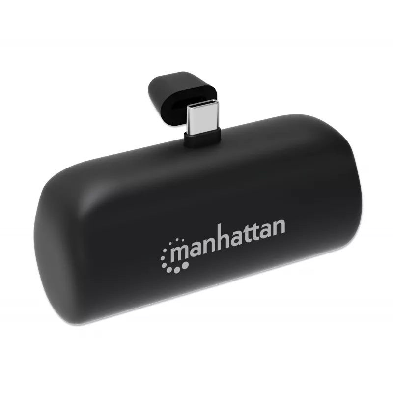 Manhattan Powerbank ze zintegrowaną wtyczką USB-C, 5000 mAh, Moc wyjściowa do 20 W, Podpórka umożliwiająca korzystanie jako uchwyt do ładowania telefonu, Czarny, Roczna gwarancja