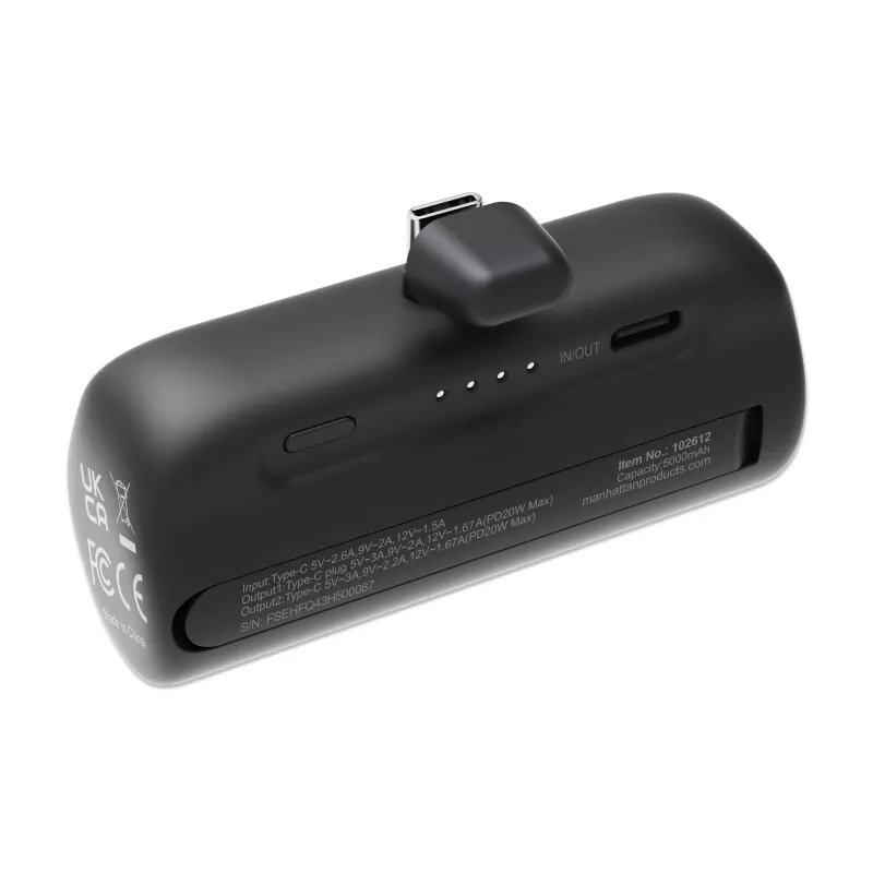 Manhattan Powerbank ze zintegrowaną wtyczką USB-C, 5000 mAh, Moc wyjściowa do 20 W, Podpórka umożliwiająca korzystanie jako uchwyt do ładowania telefonu, Czarny, Roczna gwarancja