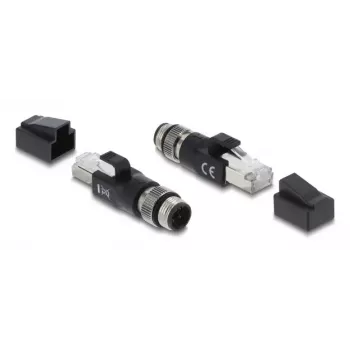 Adapter M12 D-coded 4-pin (męski) do wtyku RJ45, DELOCK 90831, pozłacane styki, czarny
