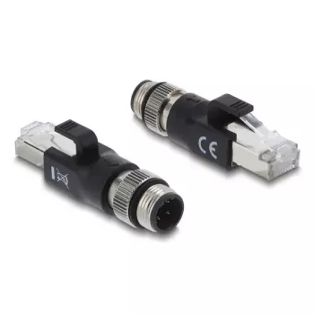 Adapter M12 D-coded 4-pin (męski) do wtyku RJ45, DELOCK 90831, pozłacane styki, czarny