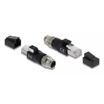 Adapter DELOCK M12 X-coded 8‑pin męski na wtyk RJ45, styki złote, czarny