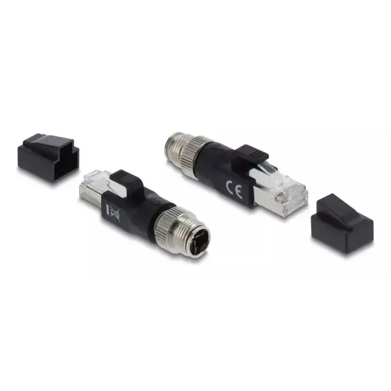 Adapter DELOCK M12 X-coded 8‑pin męski na wtyk RJ45, styki złote, czarny