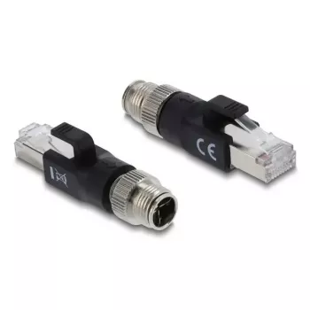 Adapter DELOCK M12 X-coded 8‑pin męski na wtyk RJ45, styki złote, czarny