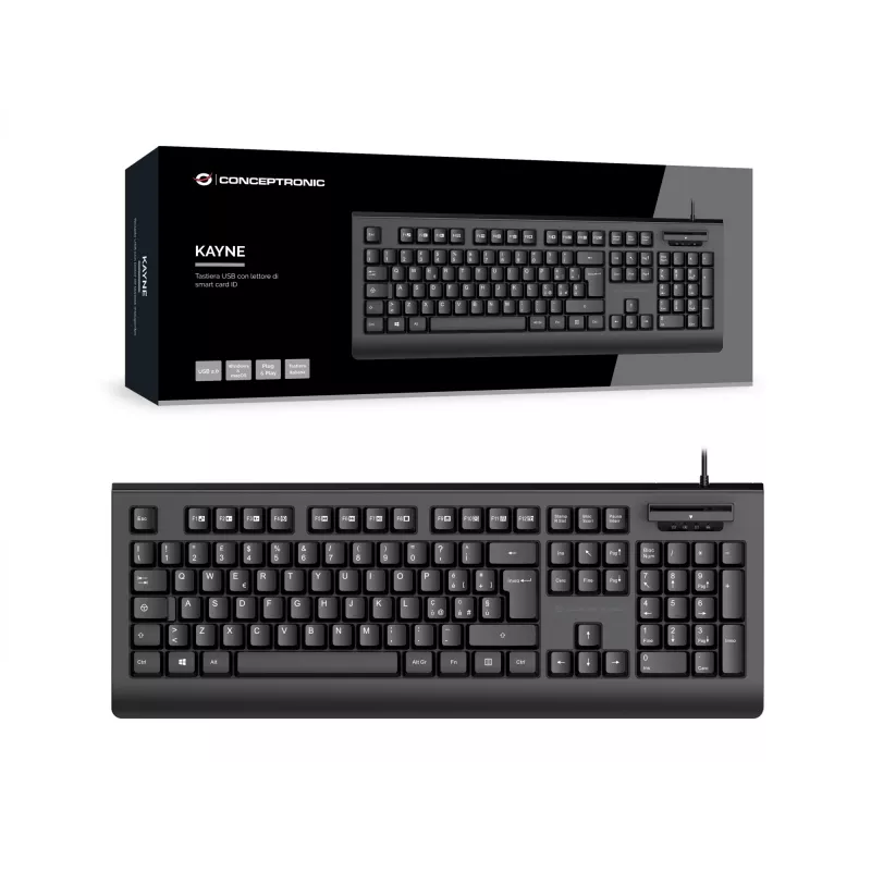 CONCEPTRONIC USB klawiatura with Smart ID Card Reader KAYNE01IT — Pełnowymiarowa, 105 klawiszy, układ włoski, przewodowa, kabel 1,5 m, czarna
