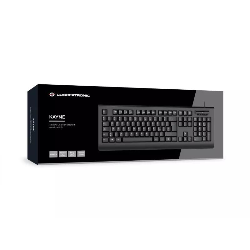CONCEPTRONIC USB klawiatura with Smart ID Card Reader KAYNE01IT — Pełnowymiarowa, 105 klawiszy, układ włoski, przewodowa, kabel 1,5 m, czarna