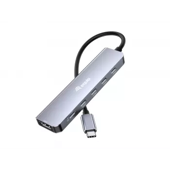 EQUIP USB-C 6-w-1 wielofunkcyjny adapter — HDMI 4K/60Hz, 4× USB-C Gen2 (10Gbps), PD 100W, kabel 0,25 m, szary