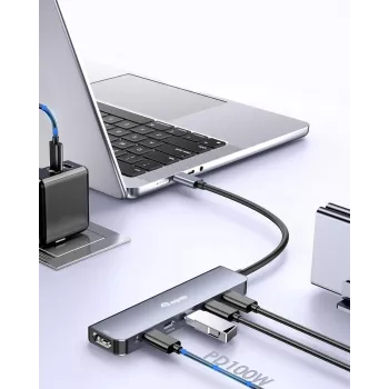 EQUIP USB-C 6-w-1 wielofunkcyjny adapter — HDMI 4K/60Hz, 4× USB-C Gen2 (10Gbps), PD 100W, kabel 0,25 m, szary