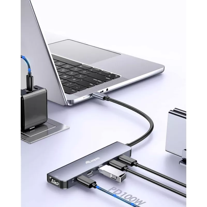 EQUIP USB-C 6-w-1 wielofunkcyjny adapter — HDMI 4K/60Hz, 4× USB-C Gen2 (10Gbps), PD 100W, kabel 0,25 m, szary