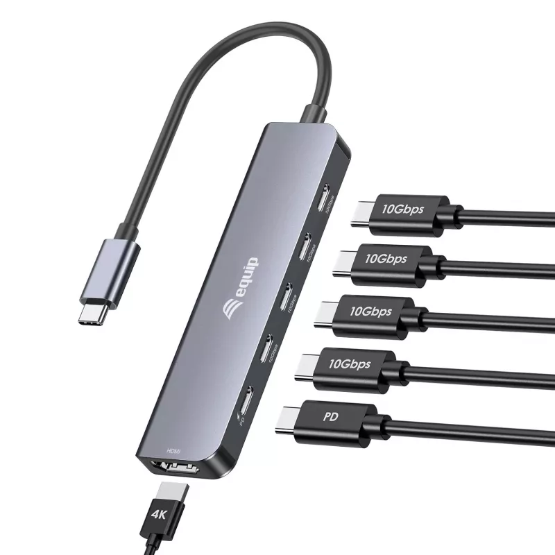 EQUIP USB-C 6-w-1 wielofunkcyjny adapter — HDMI 4K/60Hz, 4× USB-C Gen2 (10Gbps), PD 100W, kabel 0,25 m, szary
