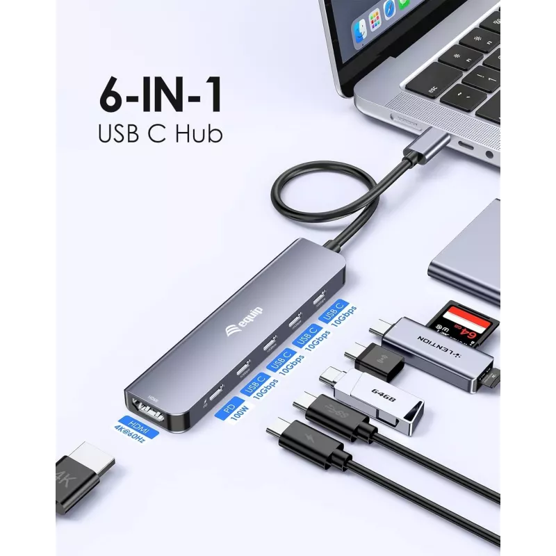 EQUIP USB-C 6-w-1 wielofunkcyjny adapter — HDMI 4K/60Hz, 4× USB-C Gen2 (10Gbps), PD 100W, kabel 0,25 m, szary