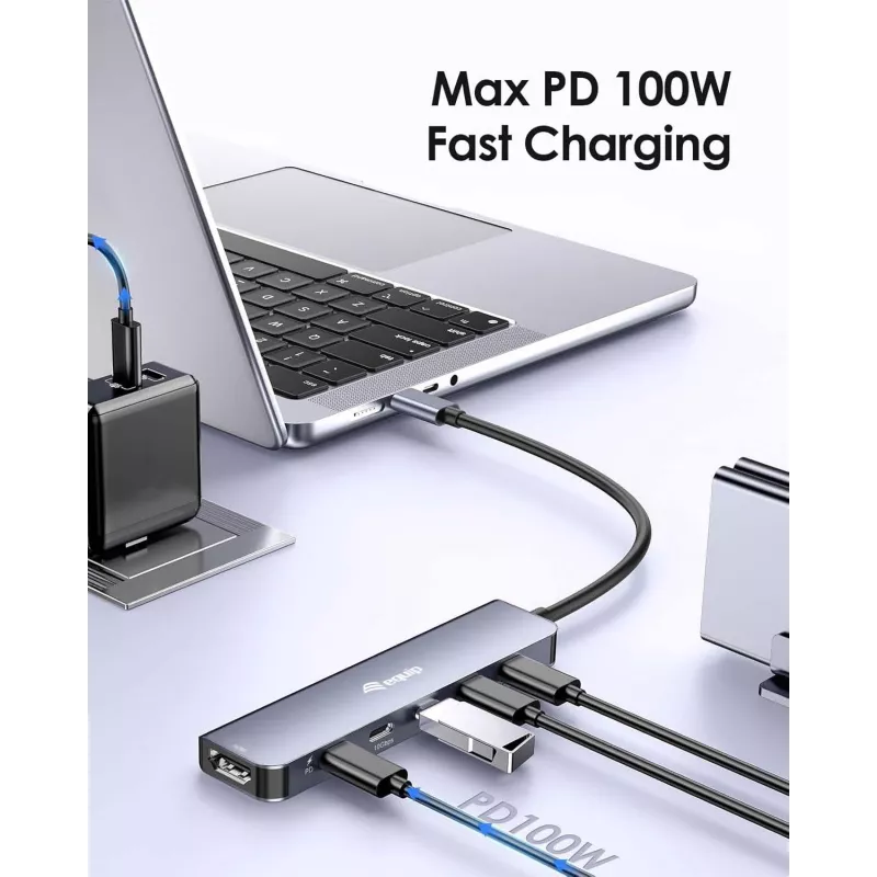EQUIP USB-C 6-w-1 wielofunkcyjny adapter — HDMI 4K/60Hz, 4× USB-C Gen2 (10Gbps), PD 100W, kabel 0,25 m, szary