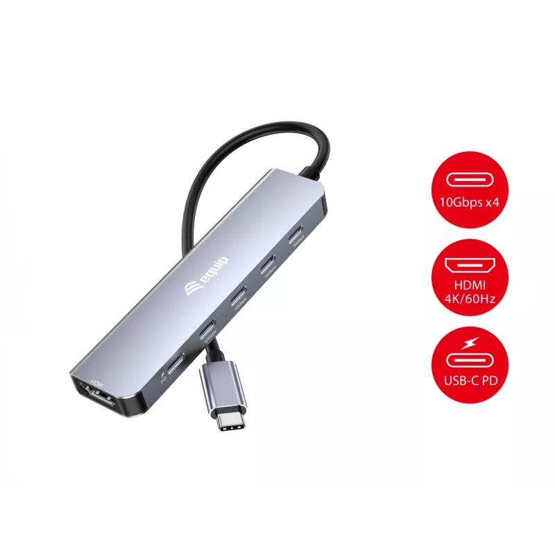EQUIP USB-C 6-w-1 wielofunkcyjny adapter — HDMI 4K/60Hz, 4× USB-C Gen2 (10Gbps), PD 100W, kabel 0,25 m, szary