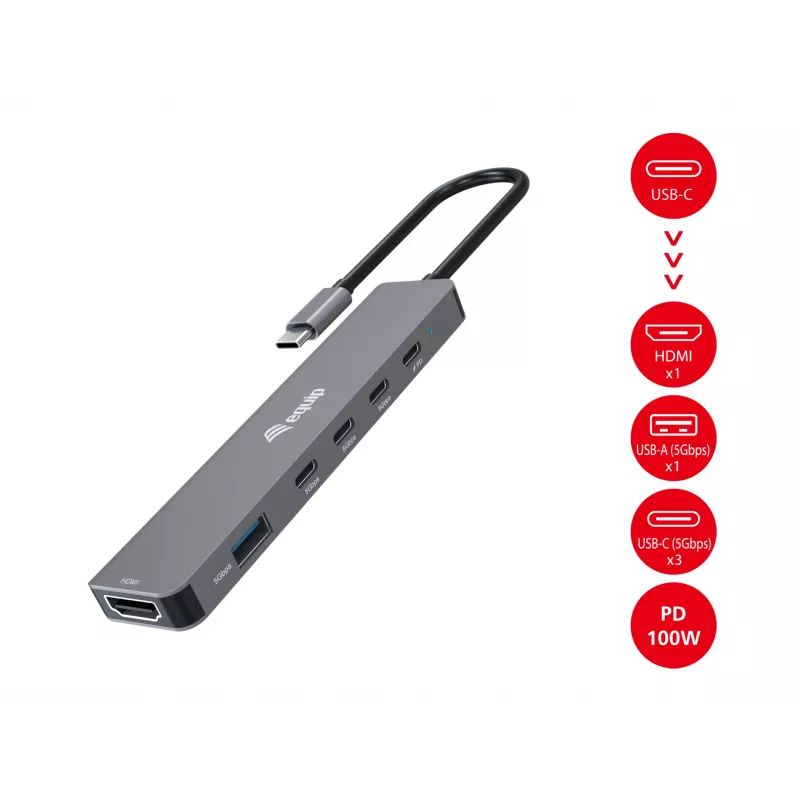 Equip USB-C 6 w 1 Multifunkcyjny Adapter, HDMI 4K/30Hz, USB-C x 4 , USB-A x 1, 5Gbps, 100W USB PD