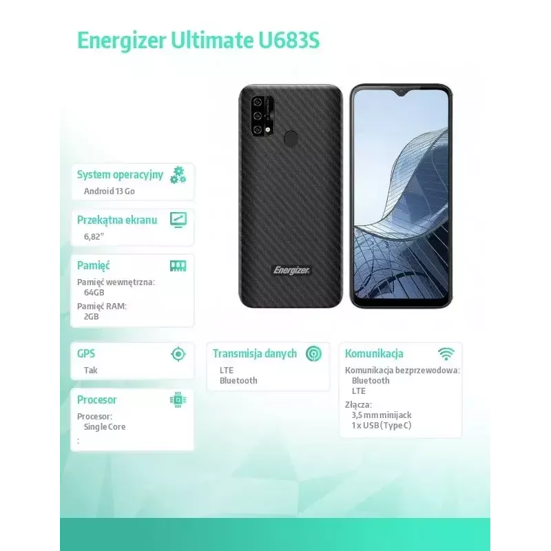 Smartphone Energizer U683SEU, wyświetlacz 6,82 cala, 2 GB RAM, 64 GB, czarny