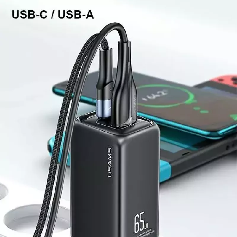 Ładowarka usams T47 USB / USB‑C 65W PD Szybkie ładowanie — 65W USB Power Delivery, porty USB-A + USB-C