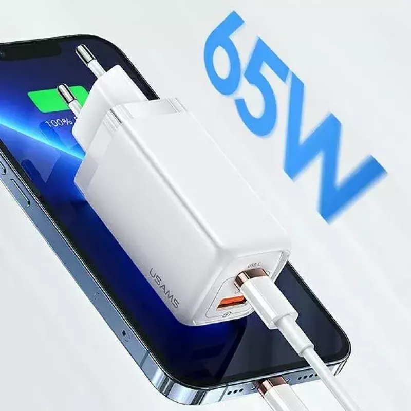 Ładowarka usams T47 USB / USB‑C 65W PD Szybkie ładowanie — 65W USB Power Delivery, porty USB-A + USB-C