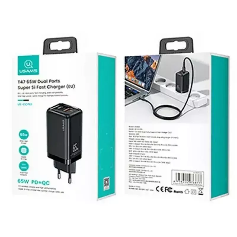 Ładowarka usams T47 USB / USB‑C 65W PD Szybkie ładowanie — 65W USB Power Delivery, porty USB-A + USB-C