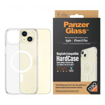 Etui ochronne HardCase MagSafe PanzerGlass do iPhone 15 Plus — przezroczyste, z tworzywa sztucznego pochodzącego z recyklingu, pasuje do ekranu 6,69 cala