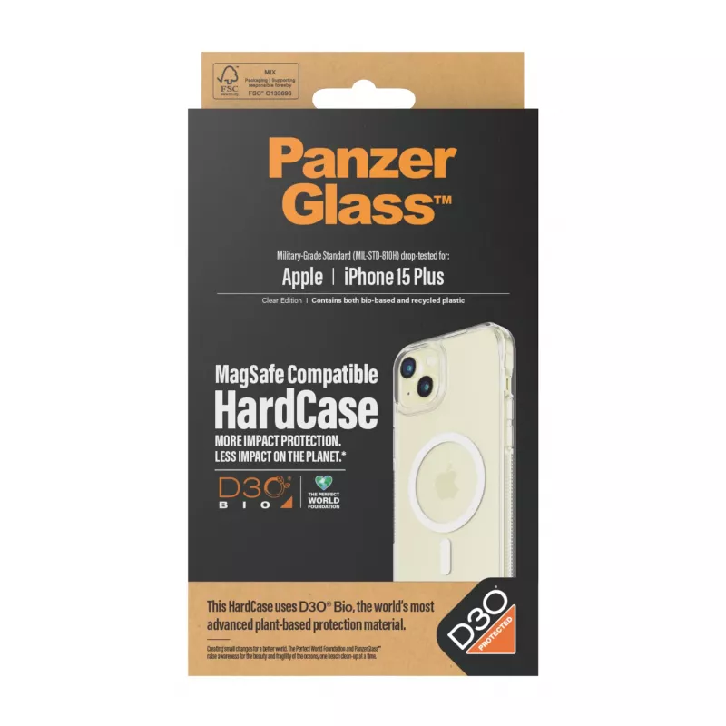 Etui ochronne HardCase MagSafe PanzerGlass do iPhone 15 Plus — przezroczyste, z tworzywa sztucznego pochodzącego z recyklingu, pasuje do ekranu 6,69 cala