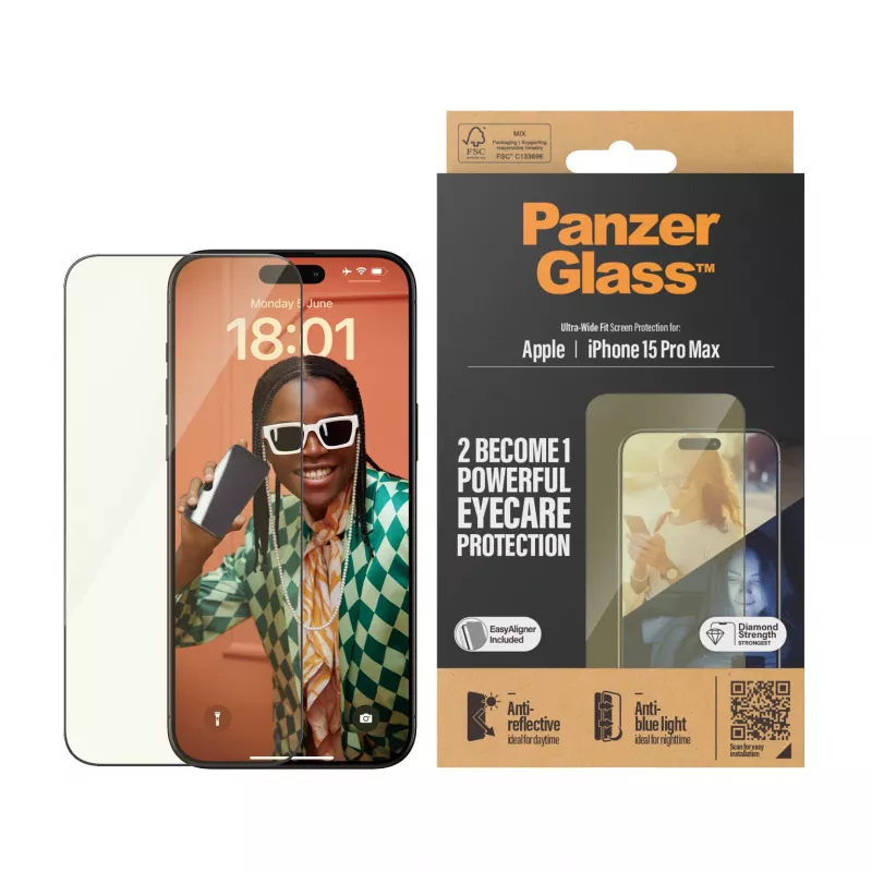 PanzerGlass ® EyeCARE™ Screen Protection iPhone 15 Pro Max | Ultra-Wide Fit w. EasyAligner
