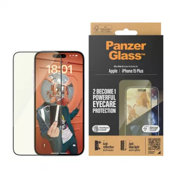 PanzerGlass Eyecare szkło hartowane na ekran do iPhone 15 Plus — Ultra-Wide Fit, odporne na wstrząsy, aplikacja na sucho