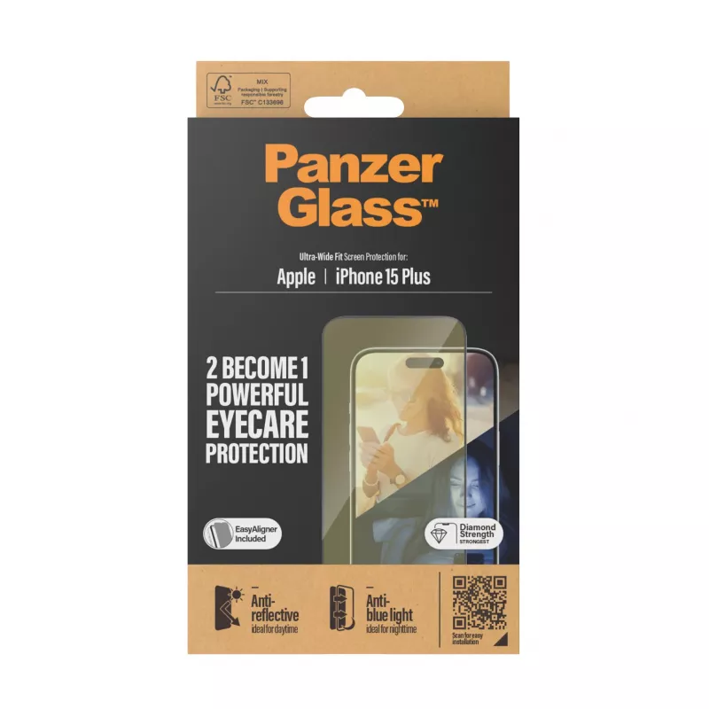 PanzerGlass Eyecare szkło hartowane na ekran do iPhone 15 Plus — Ultra-Wide Fit, odporne na wstrząsy, aplikacja na sucho