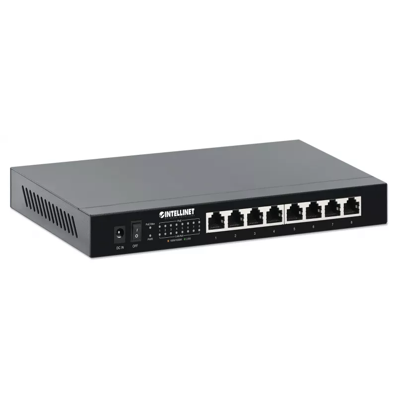 Intellinet 8-Port 2.5G Ethernet PoE+ Switch – osiem portów PSE PoE+ 10/100/1000/2500 Mbps, budżet mocy PoE 100 W, niezarządzalny, format desktop, opcja montażu na ścianie