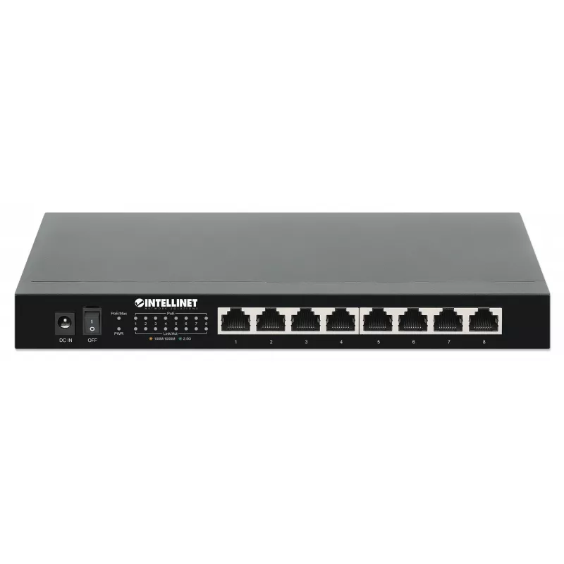 Intellinet 8-Port 2.5G Ethernet PoE+ Switch – osiem portów PSE PoE+ 10/100/1000/2500 Mbps, budżet mocy PoE 100 W, niezarządzalny, format desktop, opcja montażu na ścianie