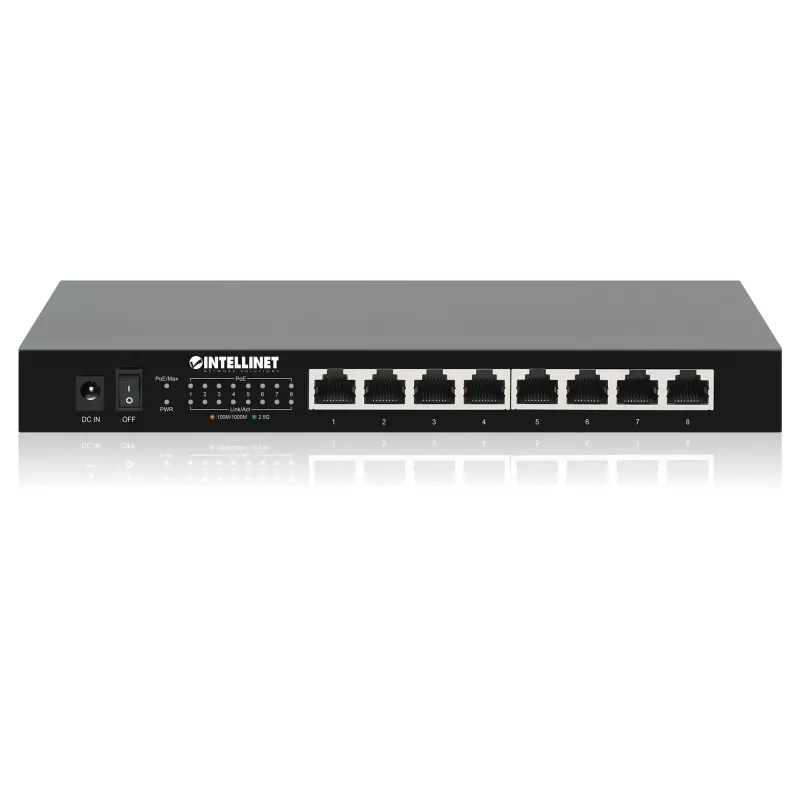 Intellinet 8-Port 2.5G Ethernet PoE+ Switch – osiem portów PSE PoE+ 10/100/1000/2500 Mbps, budżet mocy PoE 100 W, niezarządzalny, format desktop, opcja montażu na ścianie