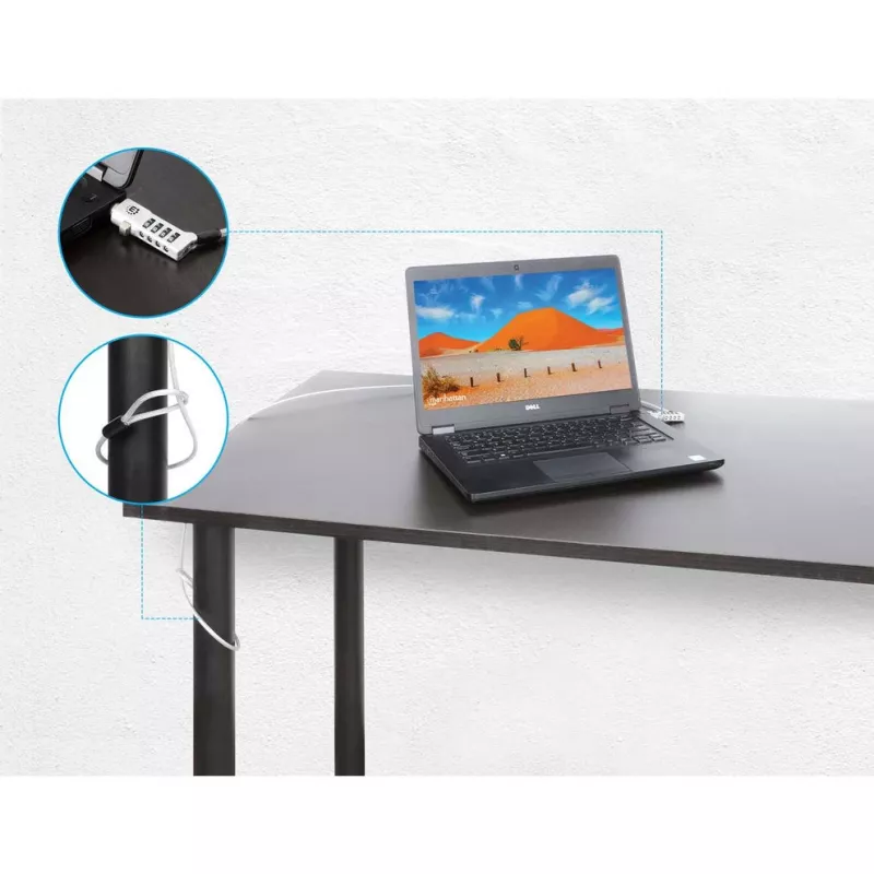 Manhattan Universalna linka zabezpieczająca do laptopów z zamkiem szyfrowym, Noble Wedge®, Nano i K-Slot, bezpieczna linka antykradzieżowa 3 w 1 do notebooków, resetowalny 4-cyfrowy kod, 1,8 m, stalowa linka odporna na przecięcie, półprzezroczysta osłona PVC, srebrna