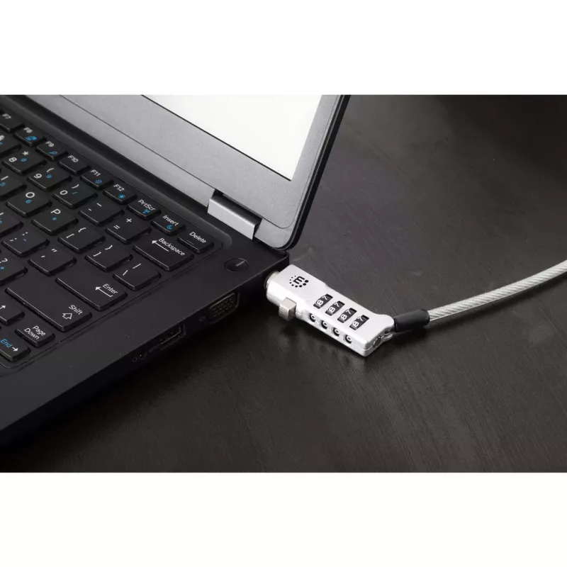 Manhattan Universalna linka zabezpieczająca do laptopów z zamkiem szyfrowym, Noble Wedge®, Nano i K-Slot, bezpieczna linka antykradzieżowa 3 w 1 do notebooków, resetowalny 4-cyfrowy kod, 1,8 m, stalowa linka odporna na przecięcie, półprzezroczysta osłona PVC, srebrna
