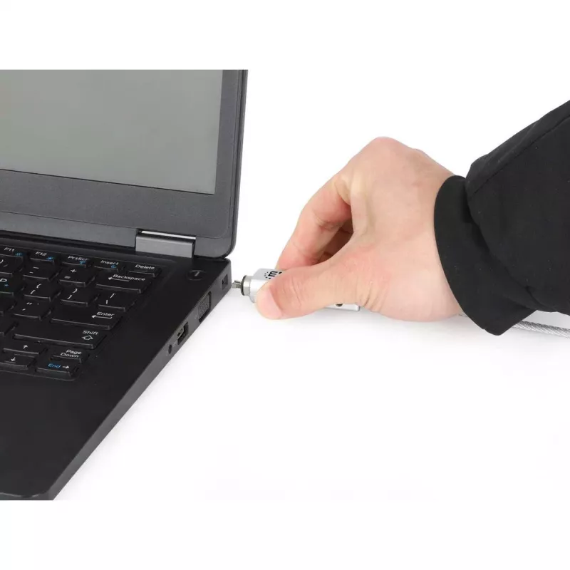 Manhattan Universalna linka zabezpieczająca do laptopów z zamkiem szyfrowym, Noble Wedge®, Nano i K-Slot, bezpieczna linka antykradzieżowa 3 w 1 do notebooków, resetowalny 4-cyfrowy kod, 1,8 m, stalowa linka odporna na przecięcie, półprzezroczysta osłona PVC, srebrna